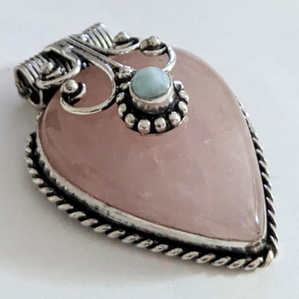 Rose Quartz, Larimar Gemstone 925 Sterling Silver Handmade Cap Pendant Necklace - Picture 3 of 7